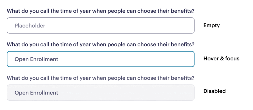 inputs in empty, hover/focus, and disabled states